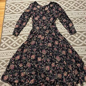 Starina black long sleeve flowy skirt floral dress M